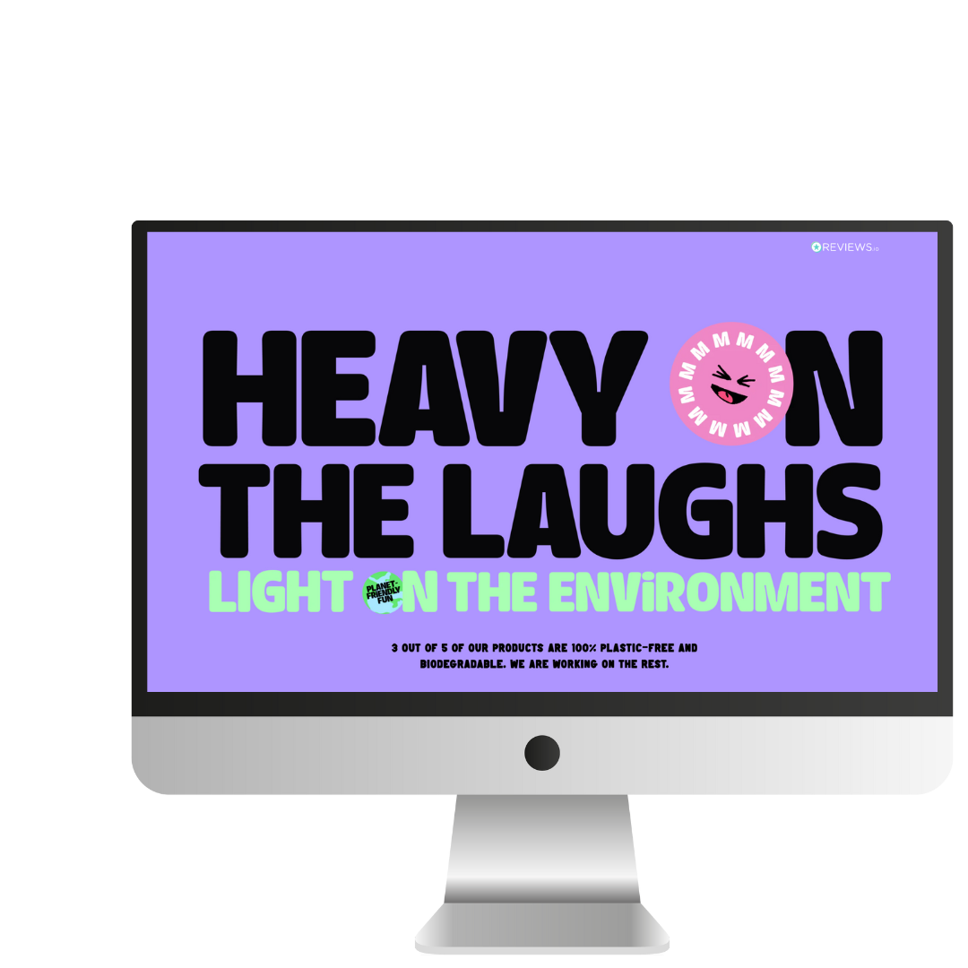 A computer screen shows the McMiller website, reading 'heavy on the laughs, light on the environment'.
