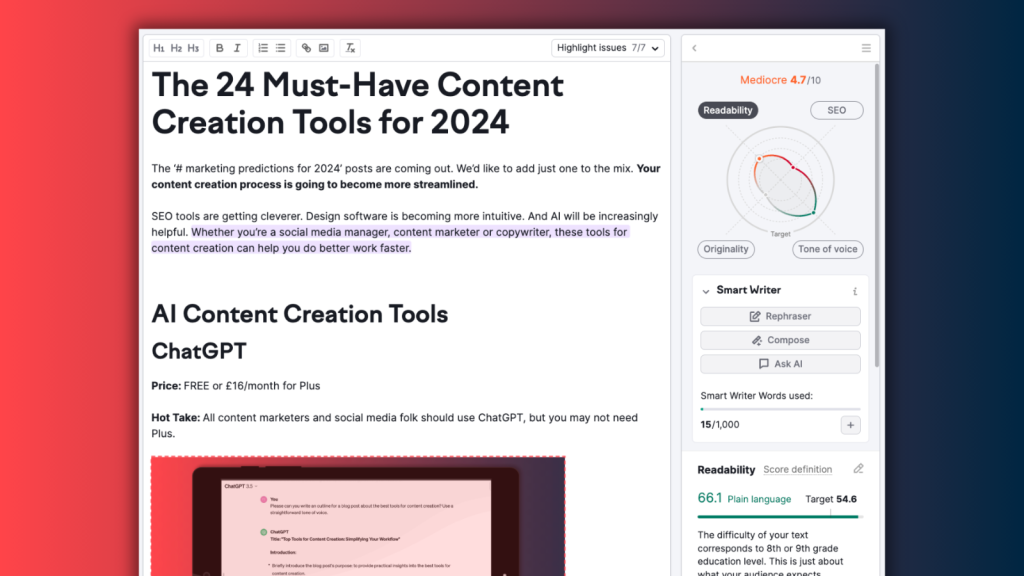 A draft of this article in the SEMrush SEO writing assistant, one of Digivate’s best content creation tools for 2024.