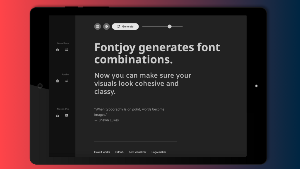 A tablet displays the fontjoy font combination generator, one of Digivate’s best content creation tools for 2024.