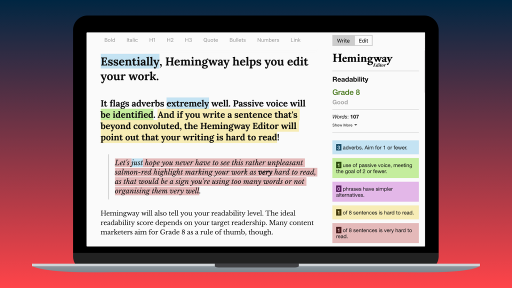 A laptop displays the Hemingway editor, one of Digivate’s best content creation tools for 2024.