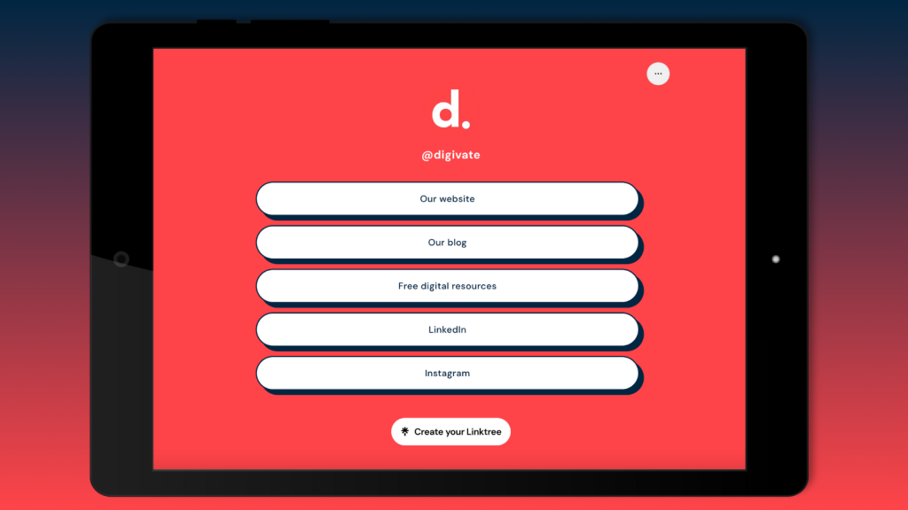 A tablet displays Digivate’s Linktree, one of Digivate’s best content creation tools for 2024.