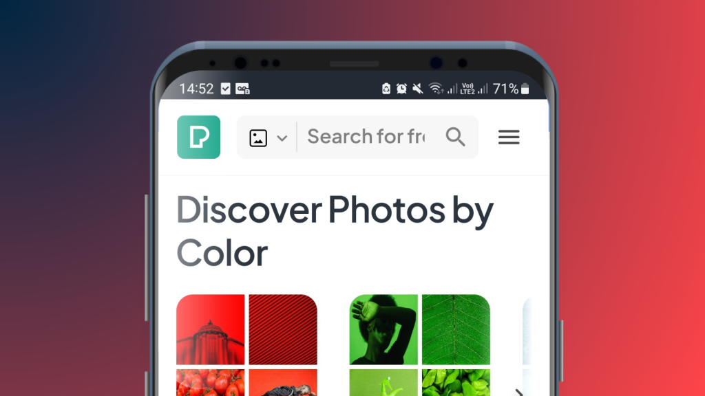A phone displays the discover feed on stock image database Pexels, one of Digivate’s best content creation tools for 2024.