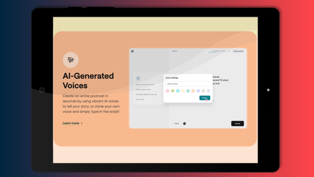 A tablet displays Podcastle’s AI-Generated Voices tool, one of Digivate’s best content creation tools for 2024.