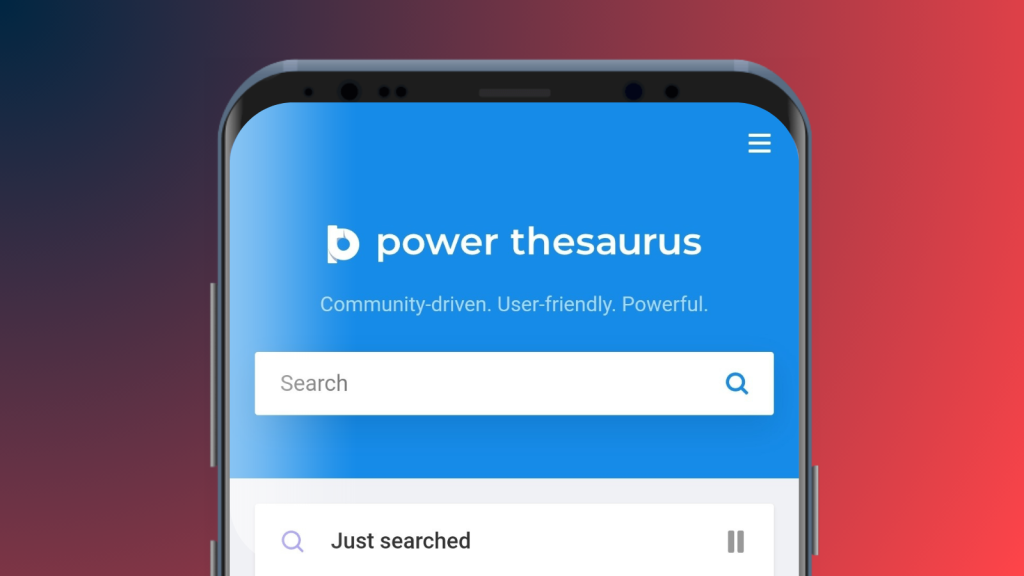 A phone displays the power thesaurus search bar, one of Digivate’s best content creation tools for 2024.