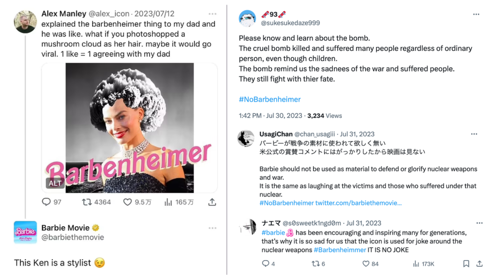 Screenshots showing the Barbie social media crisis as people on X criticise the movie's support of the #Barbenheimer trend.