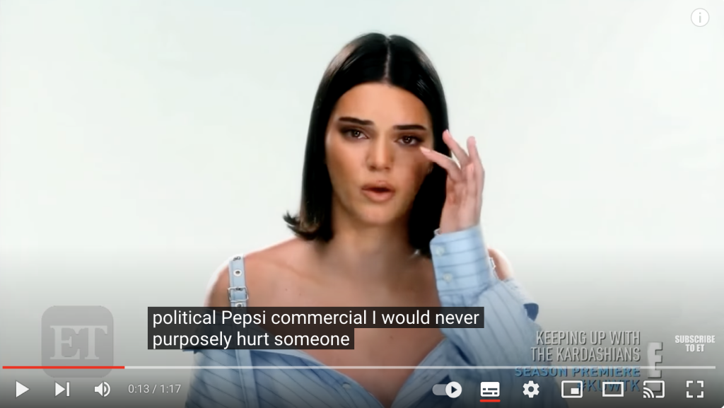 Kendall Jenner cries on Keeping up with the Kardashians. The caption reads 'I would never purposely hurt someone'. This was filmed following her Pepsi as social media crisis.
