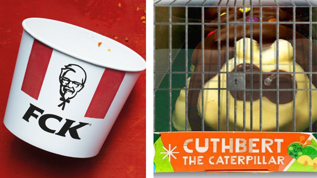 The 'FCK' KFC ad campaign and 'Cuthbert behind bars' Aldi post demonstrate funny responses to a social media crisis.