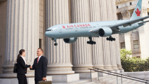 An Air Canada plane coming in to land. The background is a courthouse, because the company were sued for their AI chatbot’s lying ways.