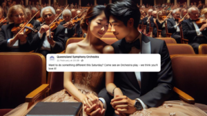 An AI-generated image of a couple in a concert hall, used in an ad from Queensland Symphony Orchestra. They are holding hands, but there are too many fingers.
