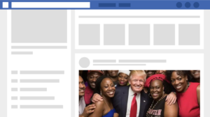 A Facebook profile showing an AI-generated image of Trump with a group of African-American women, shared by Trump supporters.