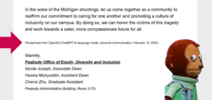 An email from Vanderbilt University to students offering support following a school shooting, including the comment ‘(Paraphrase from OpenAI’s ChatGPT)’.