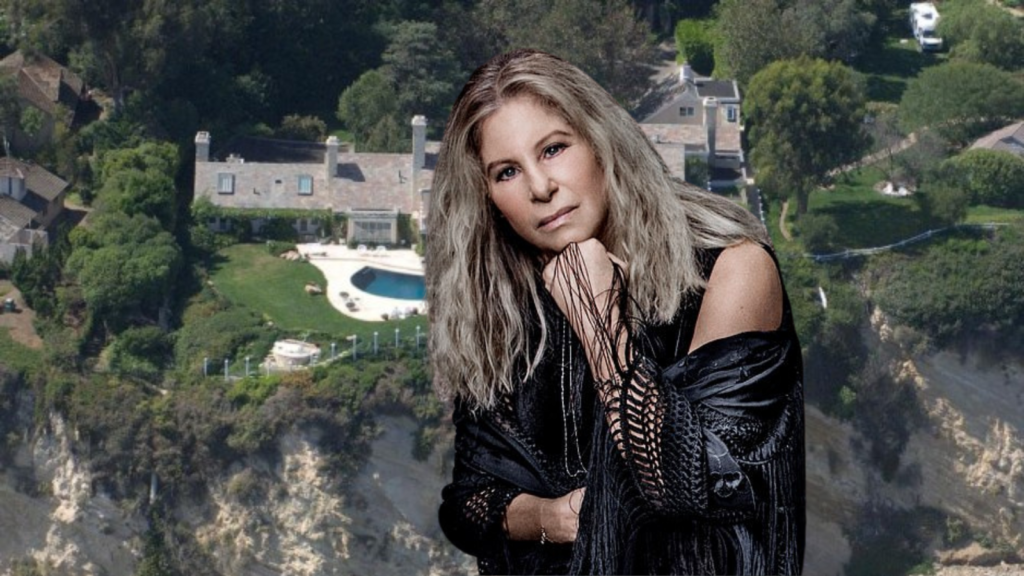 Barbra Streisand in front of an image of her Malibu residence, the source of the ‘Streisand Effect’.