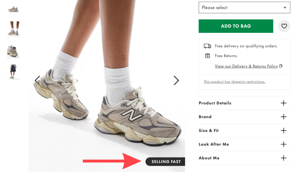 A pair of trainers on Asos with a tag saying 'selling fast'.
