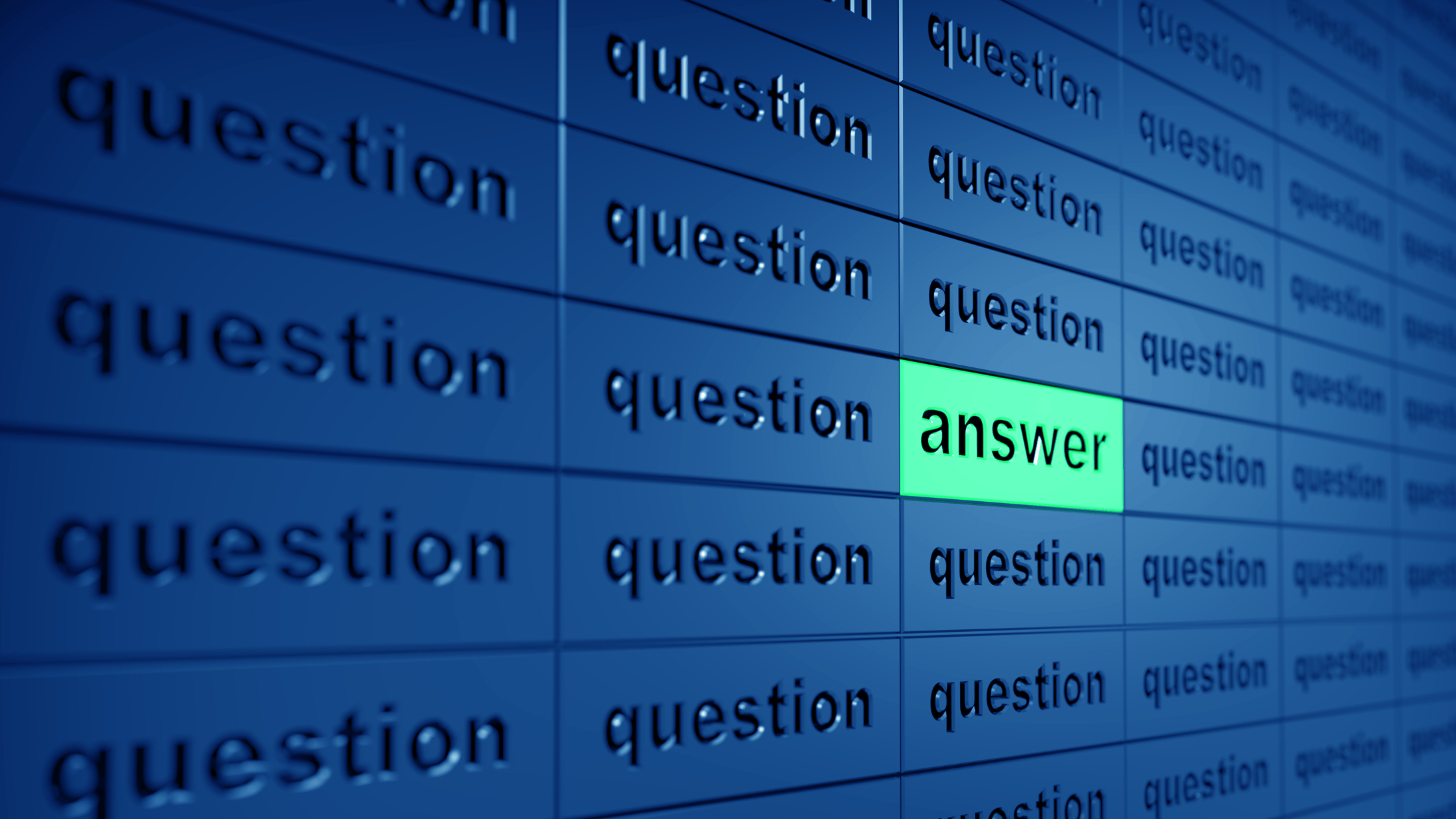 blue background with the word question in multiple boxes and the word answer highlighted in green