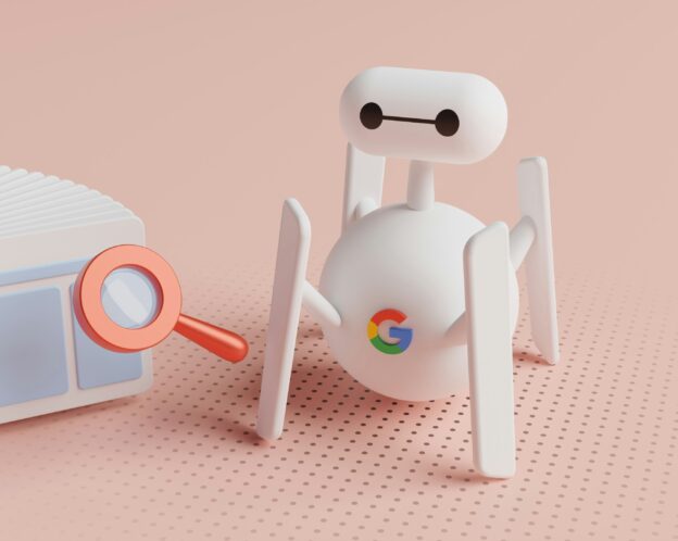 robot with google logo holding a magnifier to a mac window layout
